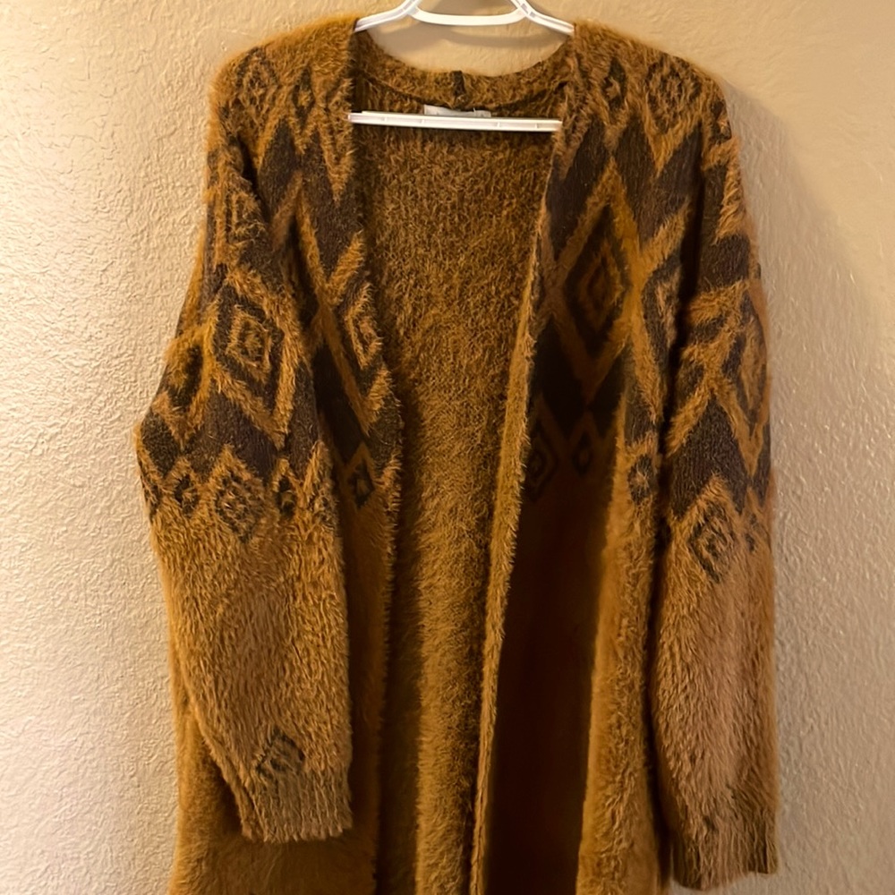 kerenhart brand. Wool-like burnt orange and brown cardigan. XL.